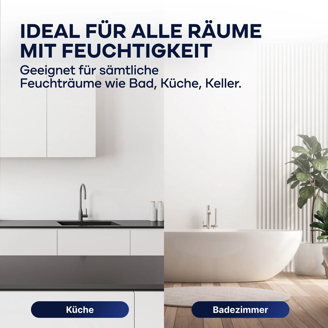 Ein geteiltes Bild von Küche und Badezimmer zeigt plid Anti-Schimmel Renovierfarbe Langzeit-Filmschutz mit deutschem Text über seine Feuchtigkeitsbeständigkeit. Die Etiketten darunter lauten Küche und Badezimmer und betonen die Verwendung in Feuchträumen.