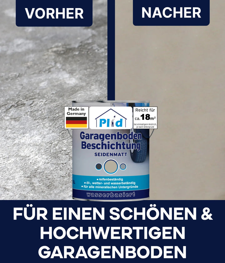 Das geteilte Bild zeigt den Garagenboden vorher (mattgrau) und nachher (glatt, sauber). In der Mitte steht eine Dose plid Garagenbodenbeschichtung Anstreichset Beton &amp; Estrich. Der Text hebt einen schönen, hochwertigen Garagenboden hervor.