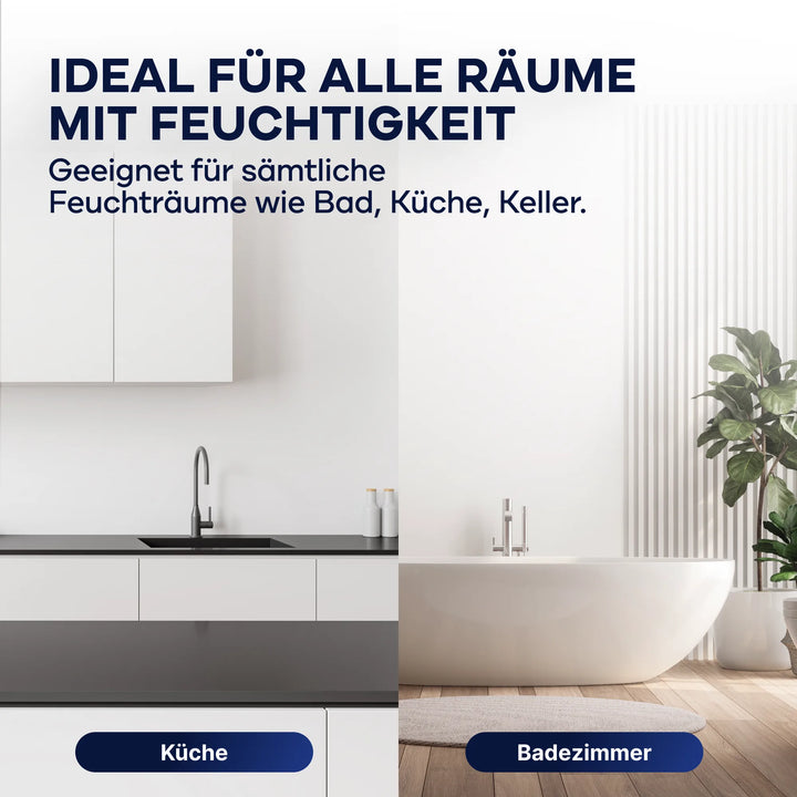 Geteiltes Bild: links moderne Küche mit weißen Schränken und Waschbecken; rechts stilvolles Badezimmer mit Badewanne, Pflanze und vertikalen Paneelen. Der deutsche Text zeigt plid Anti-Schimmel Renovierfarbe Langzeit-Filmschutz als ideal für Feuchträume.