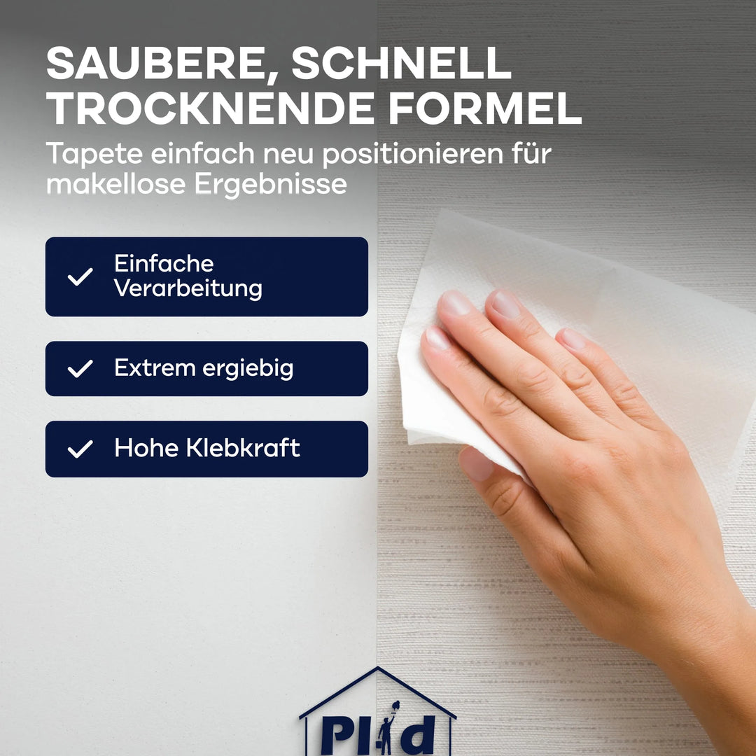 Eine Hand wischt mit einem weißen Tuch über eine weiß strukturierte Wand. Deutscher Text hebt plid Plid Rollkleister - klumpfrei &amp; direkt auf die Wand auftragbar hervor: sauberer, schnell trocknender, hochergiebiger Klebstoff für einfaches Auftragen von Vliestapeten und starke, mühelose Haftung.