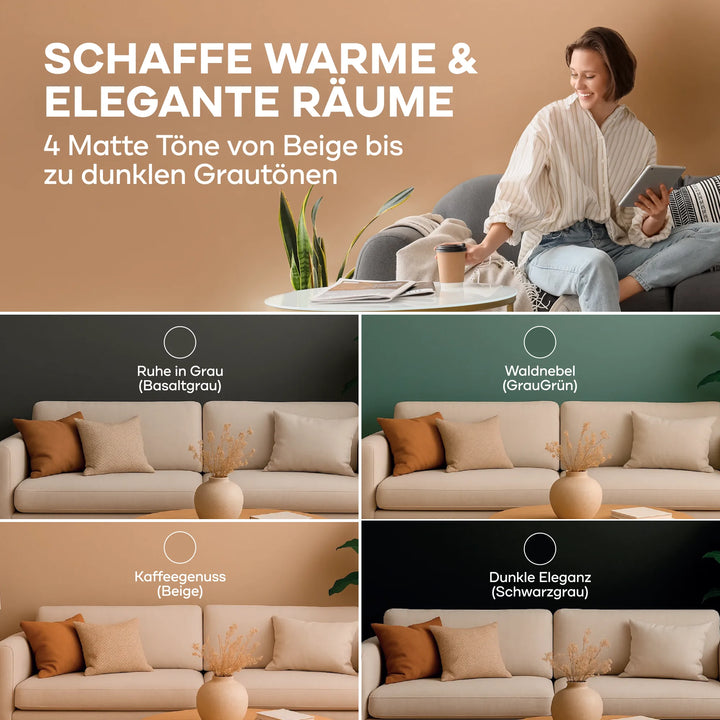 Eine Frau lächelt mit einem Tablet auf einer beigen Couch. Unten sind vier Wohnräume mit plid DesignColour Innenfarbe - Emissionsarm &amp; Geruchsneutral in Mattgrau, Grüngrau, Beige und Dunkelgrau gestaltet, die jeweils eine elegante Ausstrahlung haben.