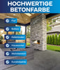 Gemütliche Outdoor-Lounge mit Stein-Kamin, Korbmöbeln und grauen Plid Betonböden. Deutschsprachiger Text hebt die abriebfeste, wetterbeständige plid Betonfarbe für Flur, Balkon, Keller, Hausbasis, Wohnbereich & Fassaden hervor.