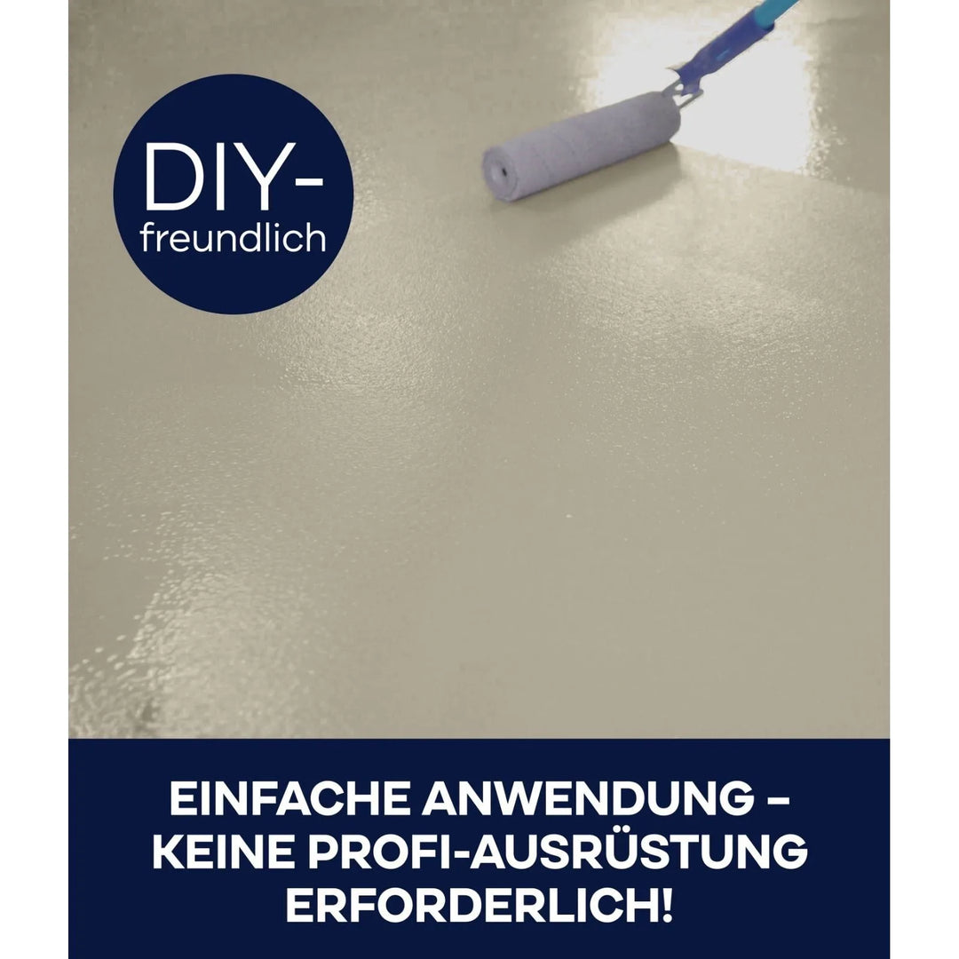 Ein Farbroller trägt Plid® Garagenbodenbeschichtung by plid - lösemittelarme, robuste &amp; DIY-freundliche Bodenfarbe für Beton &amp; Estrich auf. Einfache Anwendung, keine Profi-Ausrüstung nötig! Ideal für Garagenböden.