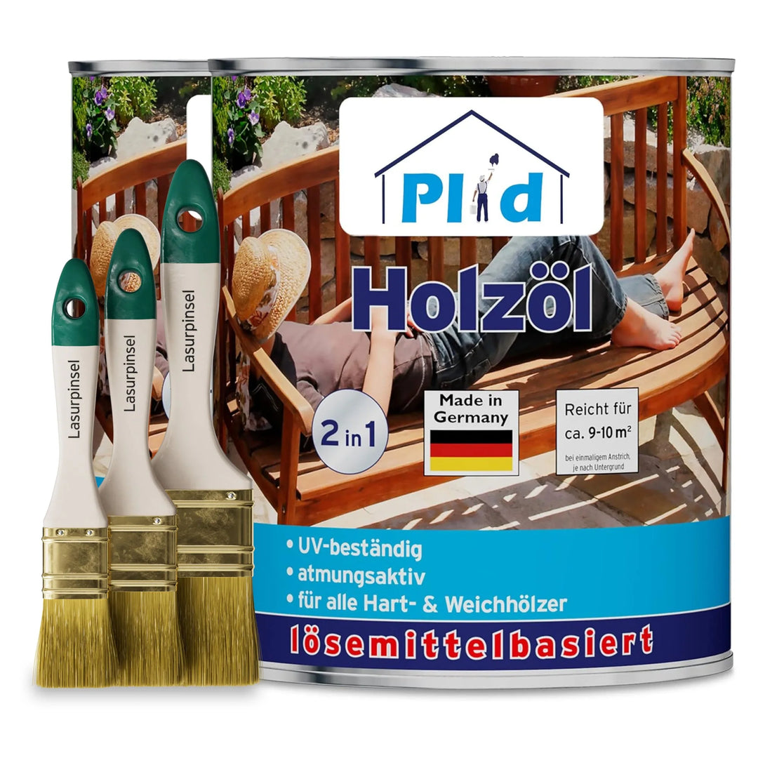 Eine Dose plid Holzöl - Anstreichset mit drei Pinseln auf der Vorderseite. Auf dem Etikett steht UV-Beständigkeit und Verwendung für Hartholz Gartenmöbel und Weichholz. Im Hintergrund ist eine Holzbank zu sehen, die die Szene vervollständigt.