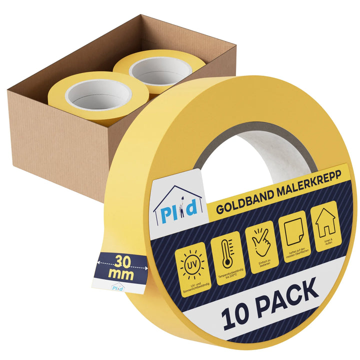 Eine Schachtel mit 10 Rollen Plid Goldband Malerkrepp von PLID Shop, je 30 mm breit-Premiumband für scharfe Farbkanten, saubere Linien, UV- und temperaturbeständig, rückstandsfrei entfernbar, für den Innen- und Außenbereich geeignet.