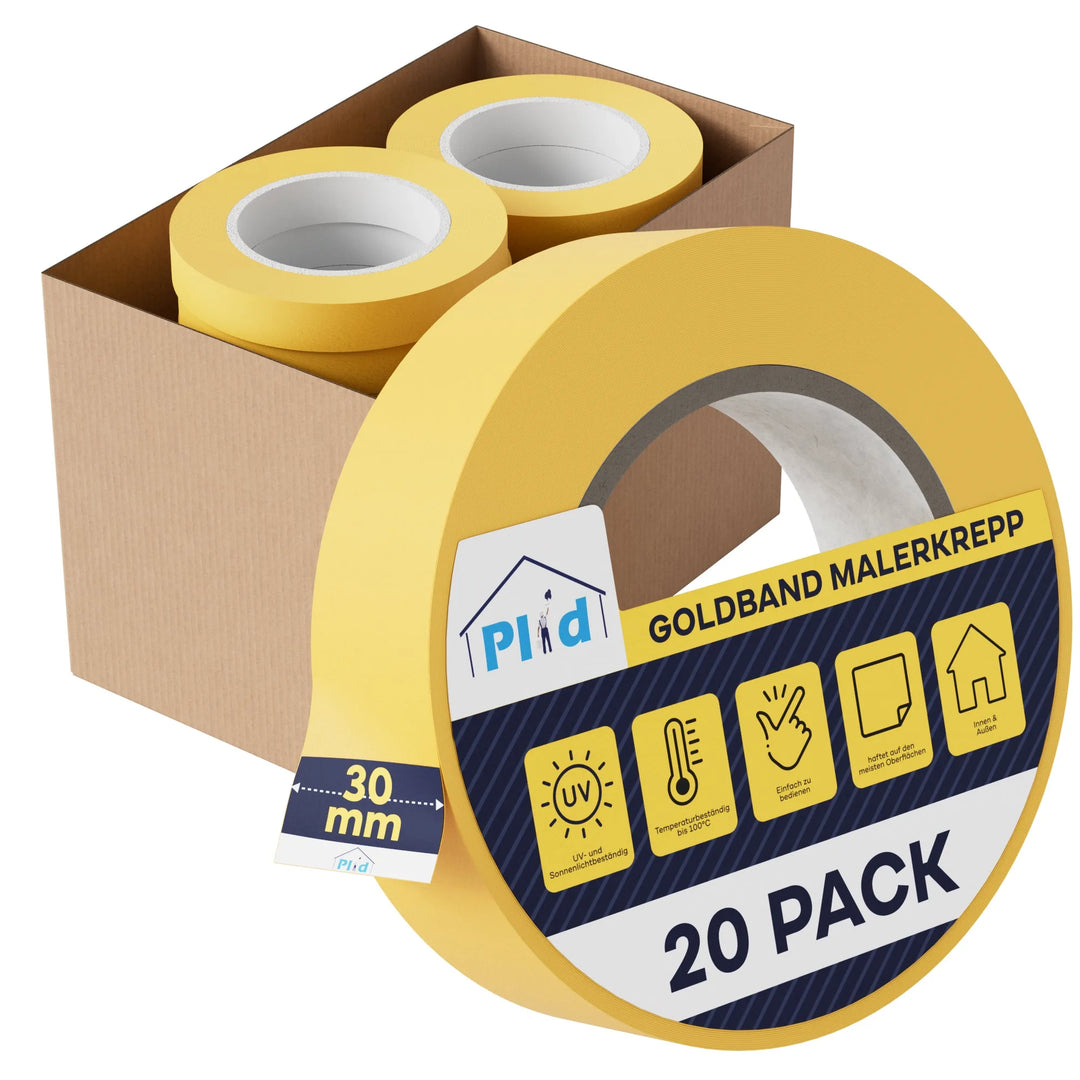 Eine Pappschachtel enthält mehrere Rollen gelbes Plid Goldband Malerkrepp - Premium Abklebeband von PLID Shop. Eine Rolle vorne zeigt das 30 mm breite, 20 PACK-Etikett, Funktionssymbole und den Text "Goldband Malerkrepp".