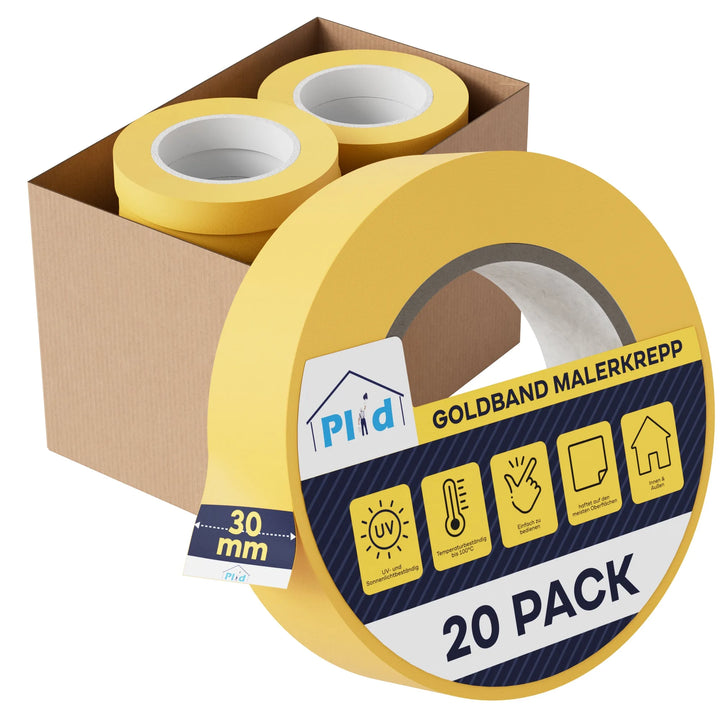 Eine Pappschachtel enthält mehrere Rollen gelbes Plid Goldband Malerkrepp - Premium Abklebeband von PLID Shop. Eine Rolle vorne zeigt das 30 mm breite, 20 PACK-Etikett, Funktionssymbole und den Text "Goldband Malerkrepp".
