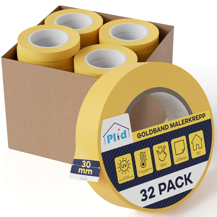 Eine braune Schachtel mit mehreren Rollen gelbem Plid Goldband Malerkrepp aus dem PLID Shop. Eine Rolle vorne zeigt das Etikett: Premium Abklebeband, 32 PACK, 30 mm-ideal für exakte Farbkanten &amp; saubere Linien.