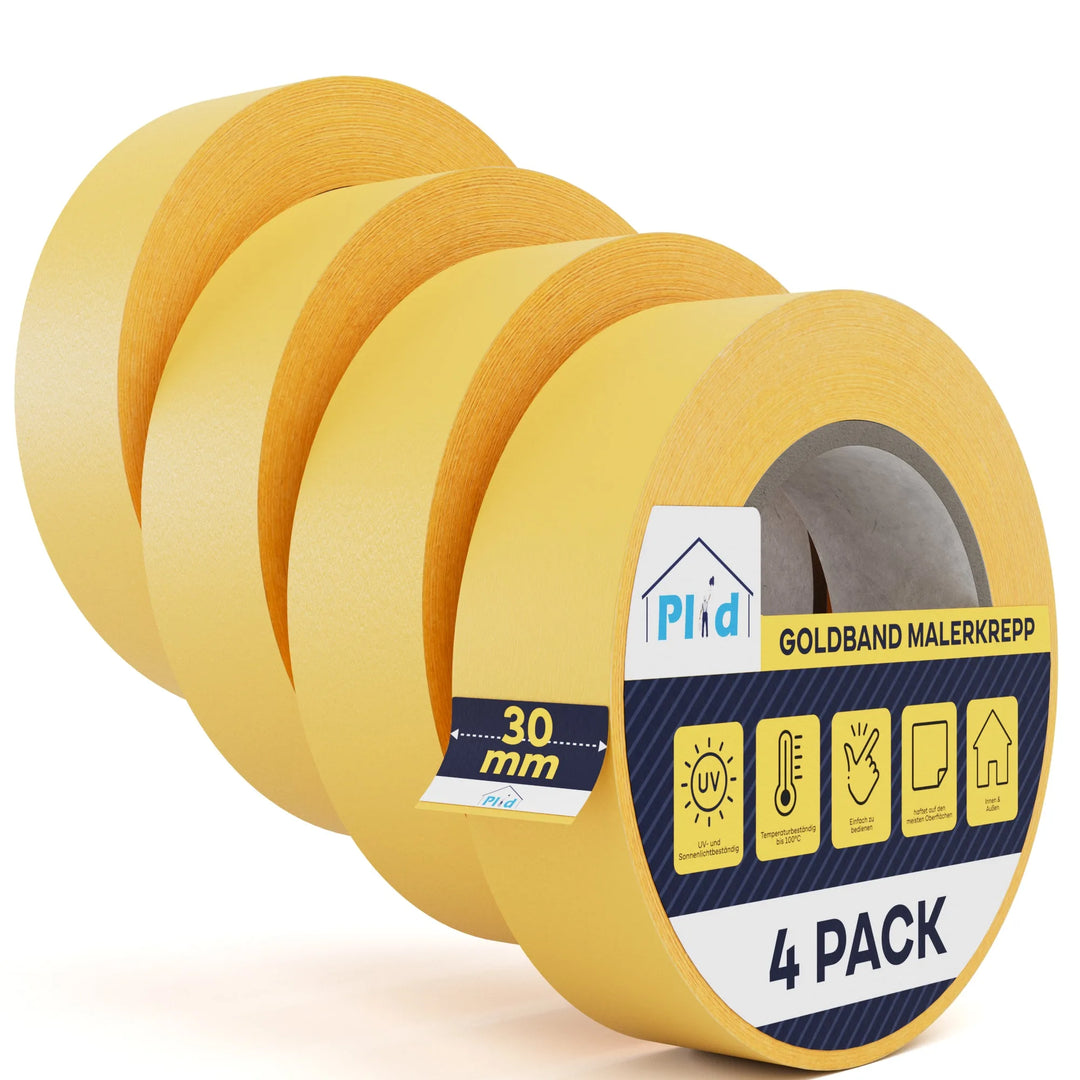 Vier gelbe Rollen Plid Goldband Malerkrepp Abdeckband (30 mm), 4er-Pack von PLID Shop. Mit scharfen Farbkanten, UV-Beständigkeit, starkem Klebstoff, sauberer Entfernung und Verwendung zu Hause - auf der Verpackung mit leicht lesbaren Symbolen hervorgehoben.