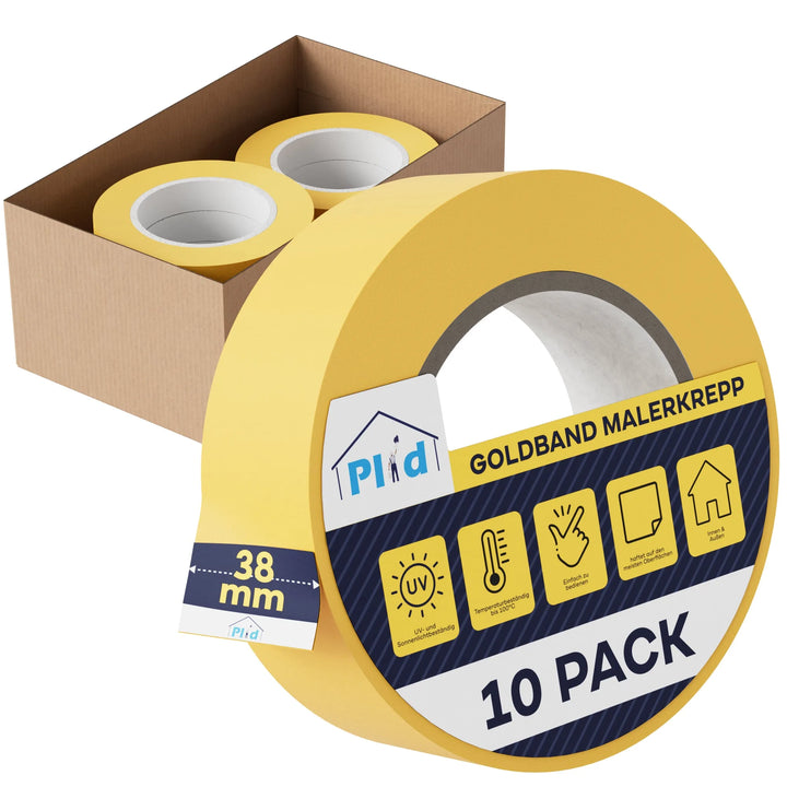 Eine Rolle Plid Goldband Malerkrepp - Premium Abklebeband (38 mm, 10er Pack) von PLID Shop wird vor einem Karton mit weiteren Rollen gezeigt. Das Band sorgt für exakte Farbkanten &amp; saubere Linien, mit Icons, die seine Eigenschaften auf dem Etikett hervorheben.