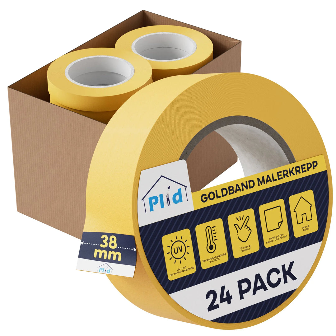 Eine Box mit mehreren Rollen Plid Goldband Malerkrepp - Premium Abklebeband von PLID Shop, mit einer vorderen Rolle, die mit 24 Pack und 38 mm beschriftet ist, sowie Icons für UV-Beständigkeit, leichtes Entfernen, Farbkannten und vielseitige Verwendung.
