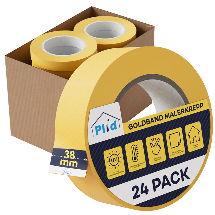 Eine Box mit mehreren Rollen Plid Goldband Malerkrepp - Premium Abklebeband von PLID Shop, mit einer vorderen Rolle, die mit 24 Pack und 38 mm beschriftet ist, sowie Icons für UV-Beständigkeit, leichtes Entfernen, Farbkannten und vielseitige Verwendung.