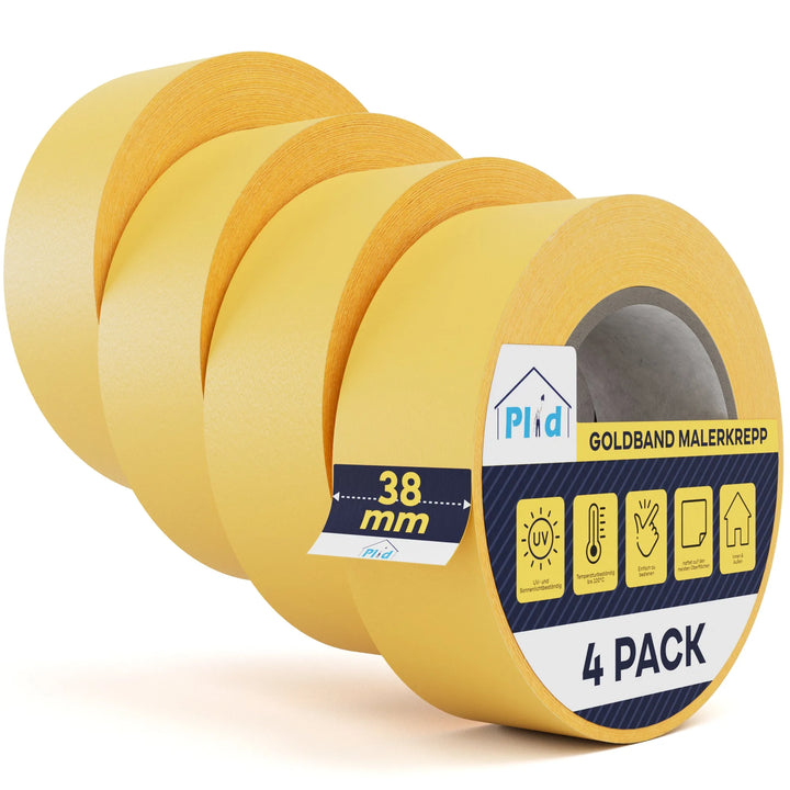 Vier Rollen Plid Goldband Malerkrepp - Premium Abklebeband aus dem PLID Shop sind diagonal gestapelt. Auf dem Etikett der vorderen Rolle steht "38 mm", "Goldband Malerkrepp" und "4er-Pack", mit Symbolen für exakte Farbkanten und Anwendungsmöglichkeiten.