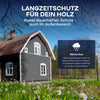 Ein dunkles Holzhaus mit weißer Verkleidung steht in einem grasbewachsenen Hof mit Frühlingsblumen. Der Text wirbt für Plid Wetterschutz Holzfarbe - deckend & wetterfest für innen & außen von plid und hebt den dauerhaften Holzschutz für jedes Wetter hervor. Ein Wettersymbol und ein blauer Himmel sind zu sehen.