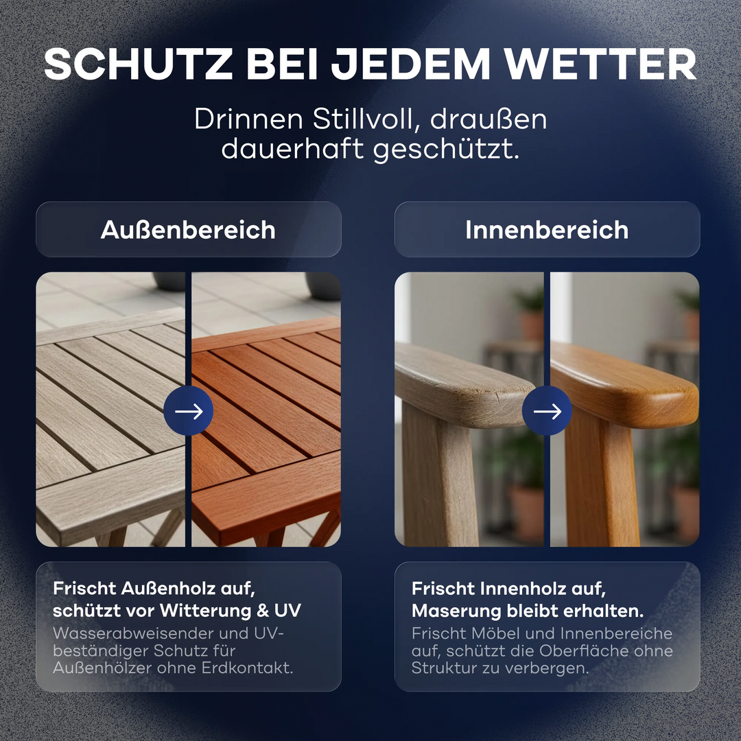 Zwei Fotos: Links ein wetterfester Outdoortisch dank plider Holzlasur für innen &amp; außen, rechts ein sauberer Stuhl. Text oben: Plid Holzlasur - wetterfest &amp; atmungsaktiv - Holzschutz für drinnen und draußen.
