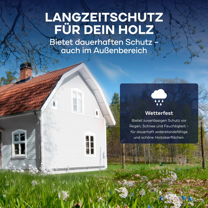 Ein weißes Holzhaus steht in einem grünen Hof mit Blumen und Bäumen. Oben hebt ein Text das plid Holzfarbe - Anstreichset für dauerhaften Schutz im Freien hervor, mit einem Symbol für Wetterbeständigkeit gegen Regen, Schnee und Feuchtigkeit.