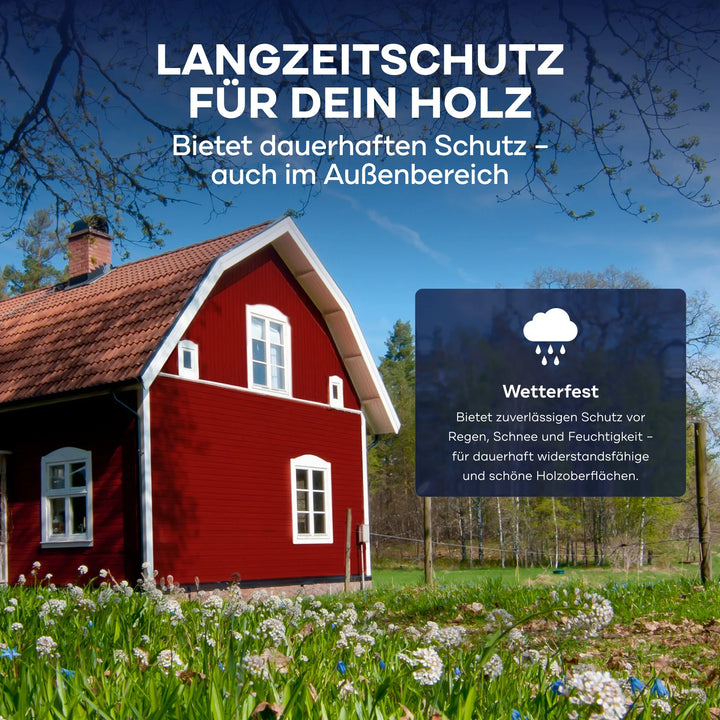 Ein rotes Holzhaus mit weißer Umrandung steht in einem grünen Garten. Oben hebt der Text plid Holzfarbe - Anstreichset hervor: Der dauerhafte Holzschutz für den Außenbereich hält Regen, Schnee und Feuchtigkeit stand und sorgt für perfekte Ergebnisse.
