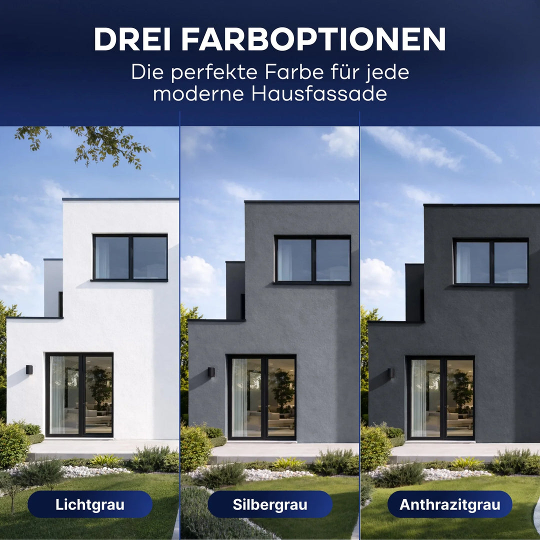 Vergleich einer modernen Hausfassade in drei Farben: hellgrau (links), silbergrau (Mitte) und anthrazitgrau (rechts) mit plid Fassadenfarbe wetterfest &amp; diffusionsoffen für Außenwände, ideal für moderne Außenbereiche.