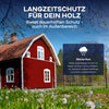 Ein rotes Holzhaus mit weißem Dach steht auf einer Wiese unter blauem Himmel. Text informiert über Plid Wetterschutz Holzfarbe von plid - deckend & wetterfest für innen und außen. Icons erläutern die Vorteile als Langzeitschutz für Holz.