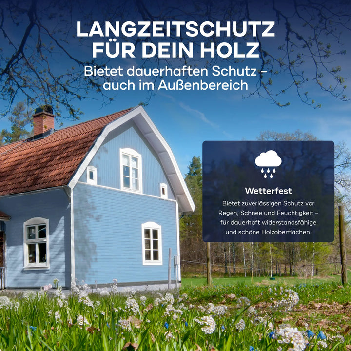 Ein blaues Holzhaus mit weißer Zierleiste steht in einem grünen Garten mit Frühlingsblumen. Oben wirbt ein Text für den langfristigen Schutz des Holzes mit plid Plid Wetterschutz Holzfarbe - undurchsichtig und wetterfest für den Innen- und Außenbereich, schützt vor Regen, Schnee und Feuchtigkeit.