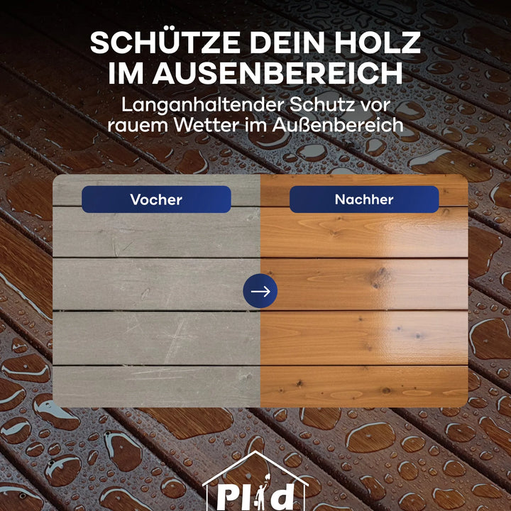 Gegenüberstellung von Holzdielen: links verwittert (Vorher), rechts gut gepflegt (Nachher). Oben hebt der Text Gartenmöbel Pflege und Hartholz Schutz mit plid Holzöl natürlich &amp; pflegend für Holz innen &amp; außen für dauerhaften Schutz hervor.