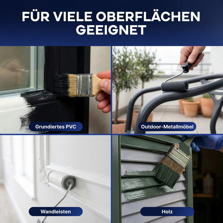 Vier Bilder zeigen den plid Plid® Möbellack Innen &amp; Außen im Einsatz: mit Pinsel auf grundiertem PVC und Holzladen sowie mit Roller auf Metall-Gartenmöbeln und Wandleisten - ideal für Möbel &amp; Holz.