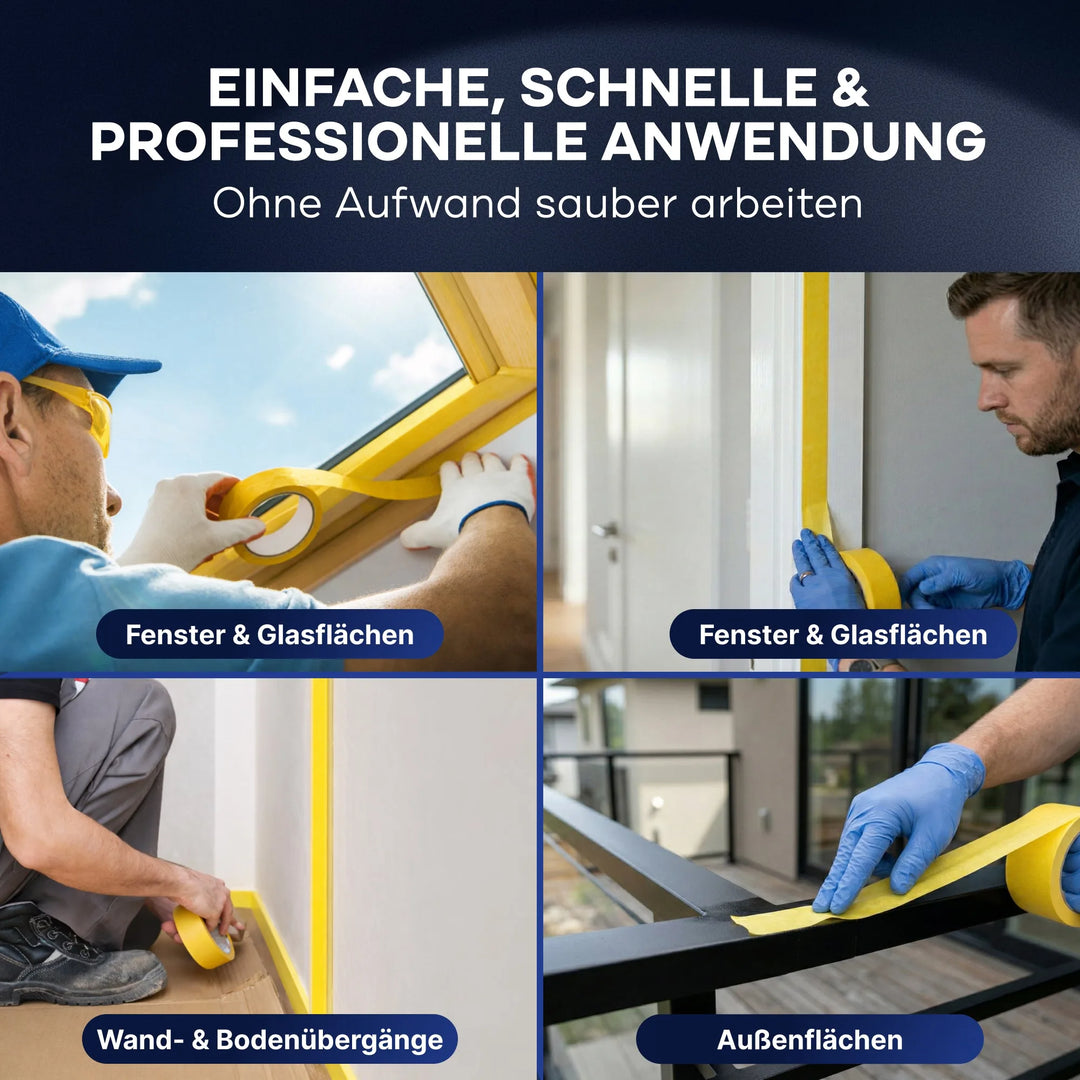 Eine Collage zeigt Menschen, die Plid Goldband Malerkrepp aus dem PLID Shop an Fenstern, Rahmen, Wand- und Bodenkanten und Geländern anbringen. Der Text hebt die schnelle, einfache Anwendung für professionelle Ergebnisse hervor - exakte Farbkanten und saubere Linien jedes Mal.
