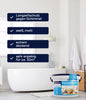 Ein modernes Badezimmer mit einer freistehenden Wanne und einem Eimer mit Anti-Schimmel Renovierfarbe Langzeit-Filmschutz. Overlay-Text hebt Schimmelschutz, hohe Deckkraft, weiße matte Oberfläche und Effizienz für ca. 30m² hervor.