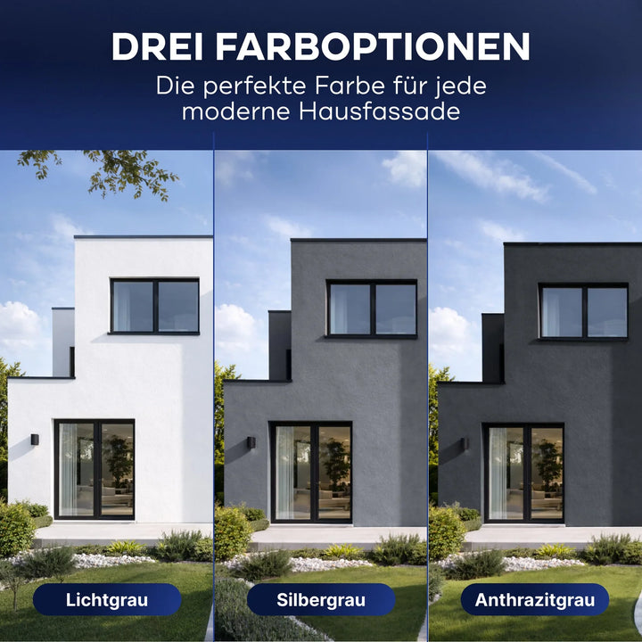 Vergleich einer modernen Hausfassade in drei Farben: hellgrau (links), silbergrau (Mitte) und anthrazitgrau (rechts) mit plid Fassadenfarbe wetterfest &amp; diffusionsoffen für Außenwände, ideal für moderne Außenbereiche.
