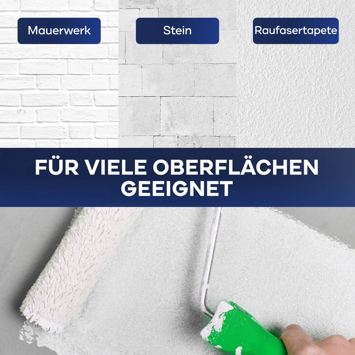 Eine weiße Farbrolle trägt plid Anti-Schimmel Renovierfarbe Langzeit-Filmschutz auf eine graue Fläche auf. Oben sind Mauerwerk, Stein und Raufasertapete beschriftet. Text: Für viele Oberflächen geeignet und mit Langzeit-Filmschutz gegen Schimmel.