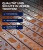 Nahaufnahme von Holzplatten mit Wassertropfen. Der deutsche Text hebt die UV-Beständigkeit, die Atmungsaktivität und die Eignung für alle Gartenmöbel hervor. Überschrift: Qualität und Schutz in jedem Tropfen! Ideal für plid Holzöl - Anstreichset und effektiven Holzschutz.