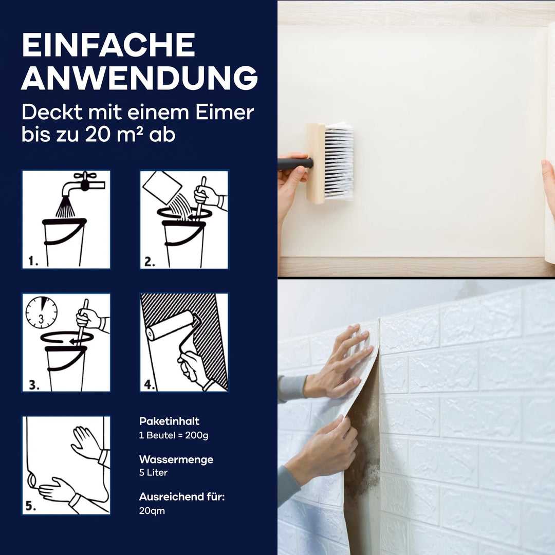 Einfache Anwendung des plid Rollkleisters: Den klumpfreien Kleister in Wasser anrühren, umrühren, einweichen lassen und direkt auf die Wand auftragen. Ein Eimer reicht für bis zu 20 m² Vliestapeten. Schritt-für-Schritt-Fotos inklusive.