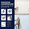 Anleitungsgrafik für Plid Rollkleister - klumpfrei & direkt auf die Wand auftragbar von plid: Pulver in Wasser schütten, mischen, warten, umrühren, dann mit Wandklebetechnik Kleber aufstreichen und Vliestapeten auftragen. Der deutsche Text gibt Auskunft über Anwendung und Deckkraft.