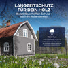 Ein dunkelgraues Holzhaus mit weißen Zierleisten steht in einem grünen Garten mit blühenden Blumen. Das Text-Overlay wirbt für die Plid Wetterschutz Holzfarbe - deckend & wetterfest für innen & außen, die einen witterungsbeständigen, lang anhaltenden Holzschutz bietet.