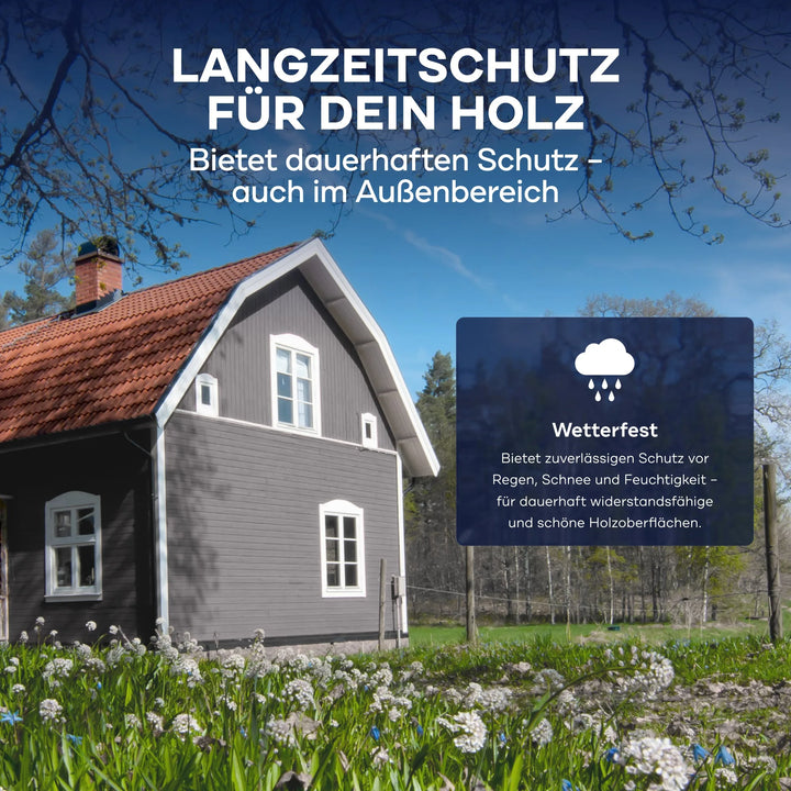Ein graues Holzhaus mit weißen Verzierungen steht in einem grasbewachsenen Hof. Der Text wirbt für plid Plid Wetterschutz Holzfarbe - deckend &amp; wetterfest für innen &amp; außen und hebt die starke Wetterbeständigkeit gegen Regen, Schnee und Feuchtigkeit hervor.