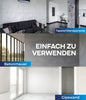 Eine Collage zeigt eine Wohnung mit weißen Wandpaneelen, die mit plid Latexfarbe scheuerbeständig & hochdeckend innen gestrichen sind, eine moderne Küche, eine Betonwand, ein großes Fenster und eine Putzwand. Etiketten: Tapete/Wandpaneel, Betonmauer, Gipswand, EINFACH ZU VERWENDEN.