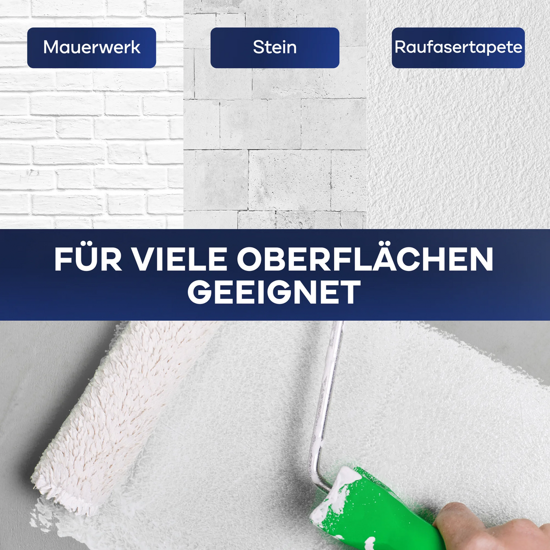 Ein Farbroller trägt plid Anti-Schimmel Renovierfarbe Langzeit-Filmschutz auf. Oben sind Mauerwerk-, Stein- und Strukturtapetenoberflächen mit dem Text "Für viele Oberflächen geeignet" in der Mitte.