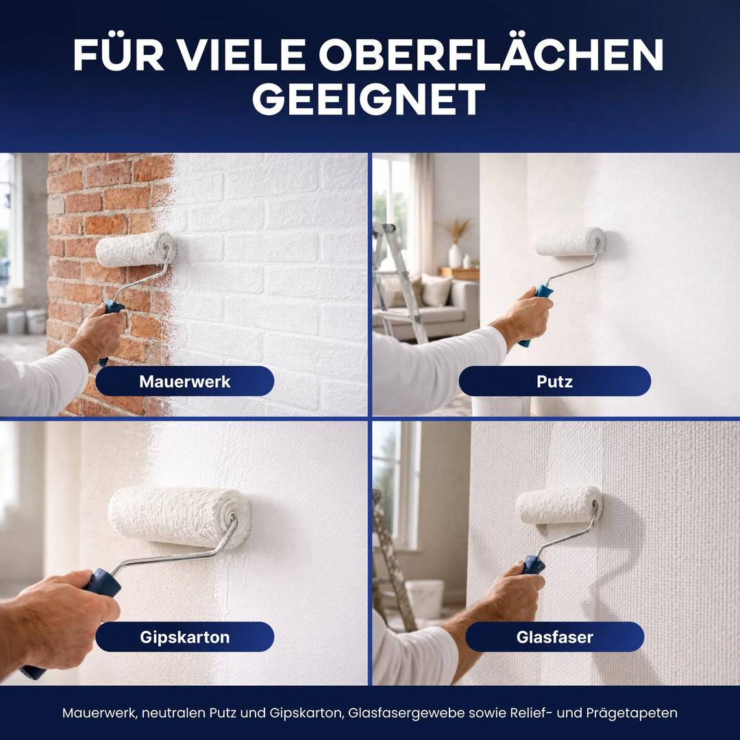 Vier Bilder zeigen das plid Latexfarbe-Anstreichset beim Auftragen auf Ziegel, Putz, Trockenbau und Fiberglas. Perfekt als strapazierfähige Wandfarbe für Küche oder Bad - FÜR VIELE OBERFLÄCHEN GEEIGNET.