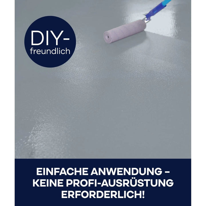Mit einem Farbroller wird die plid Plid® Garagenbodenbeschichtung aufgetragen, eine lösemittelarme, robuste Bodenfarbe für Beton und Estrich. Heimwerkerfreundlich und einfach in der Anwendung - kein Profiwerkzeug erforderlich! Ideal für die Beschichtung von Garagenböden und Betonflächen.