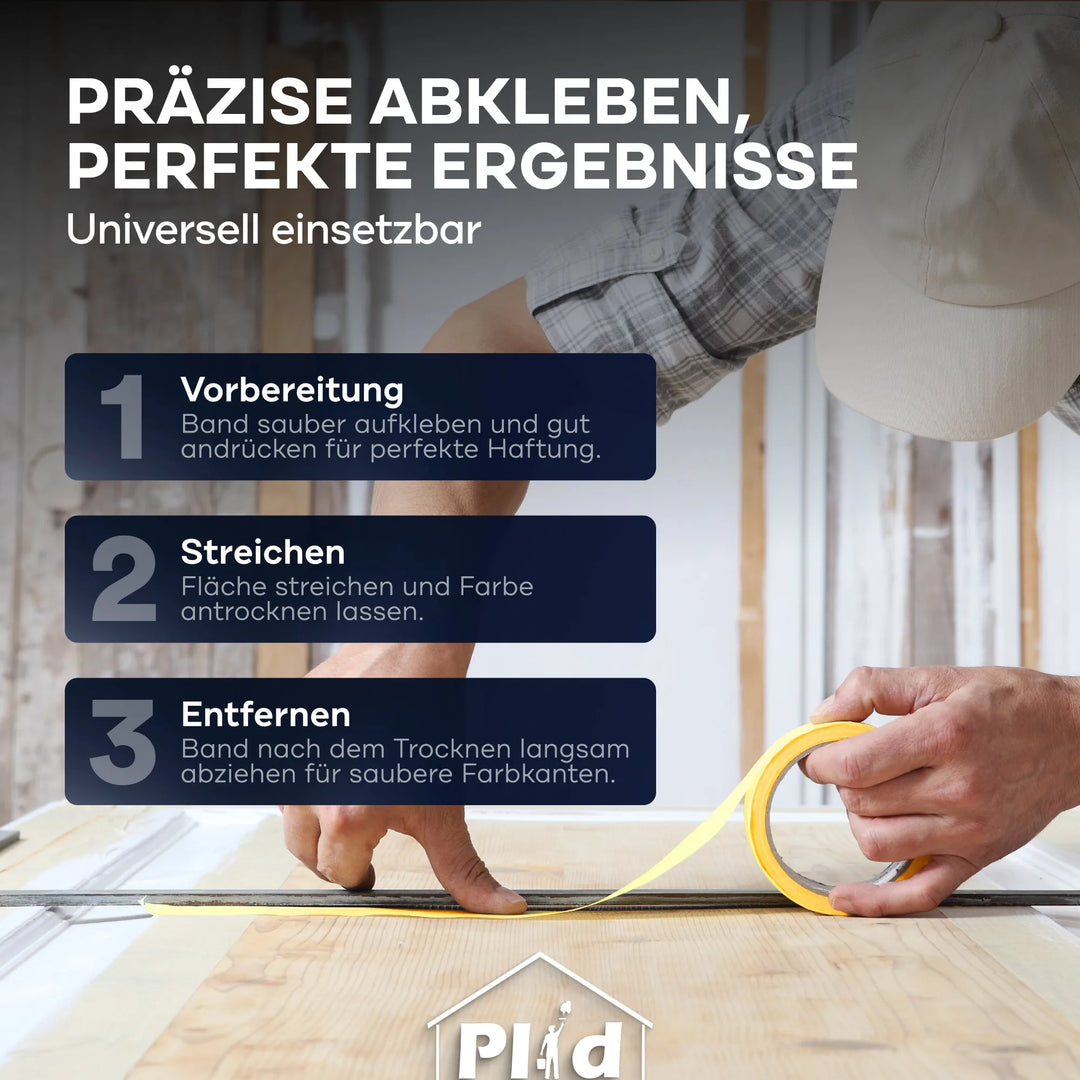 Eine Person verwendet Plid Goldband Malerkrepp - Premium Abklebeband von PLID Shop am Fensterrahmen. Drei Schritte: vorbereiten, streichen, Band entfernen für exakte Farbkanten in einem hellen Raum.