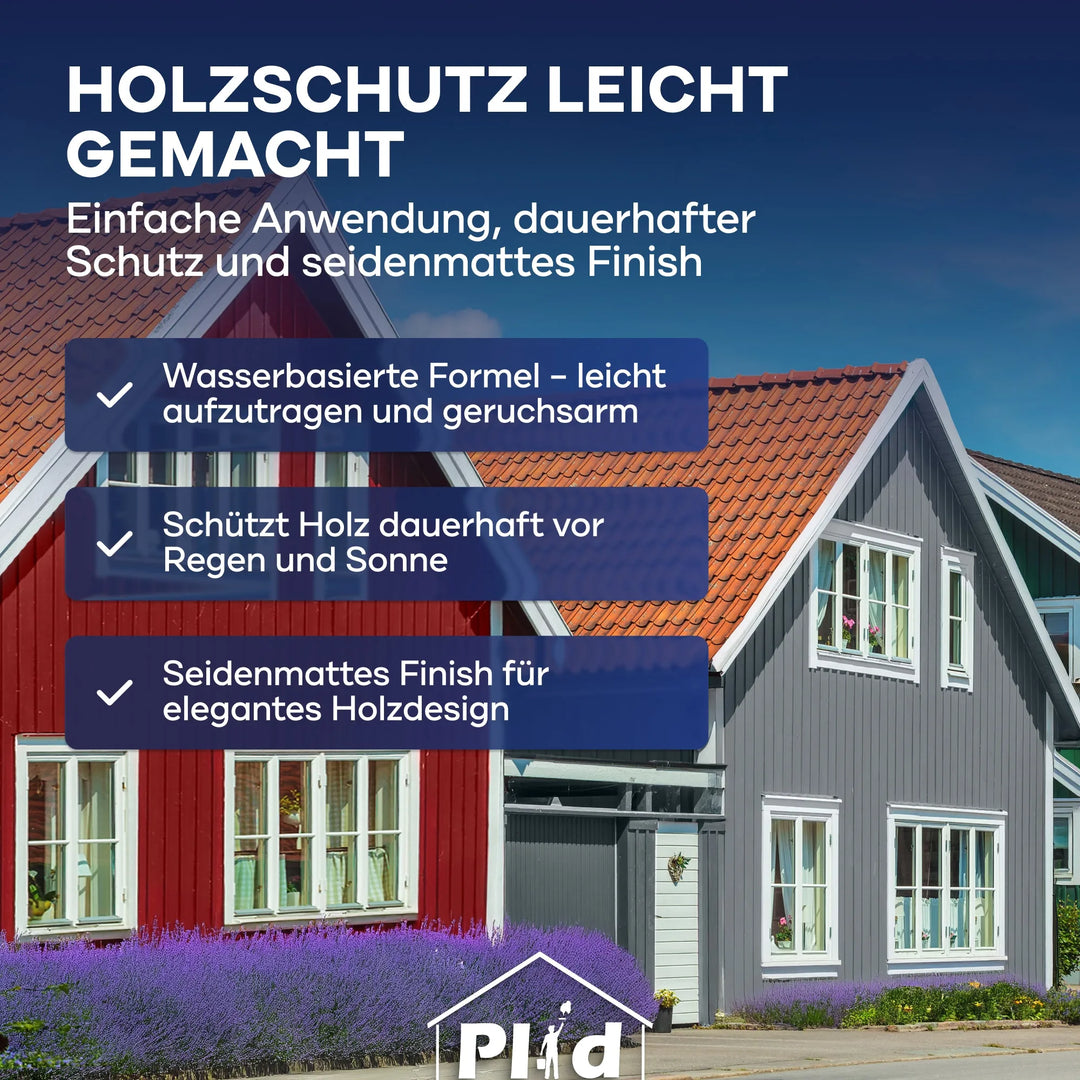 Zwei Holzhäuser mit roter und grauer Plid Wetterschutz Holzfarbe von plid, dazu weiße Zierleisten, stehen nebeneinander unter einem klaren blauen Himmel. Lila Blumen füllen den Hof. Der deutsche Text hebt diese hochwertige, wetterfeste Holzbeschichtung für drinnen und draußen hervor.