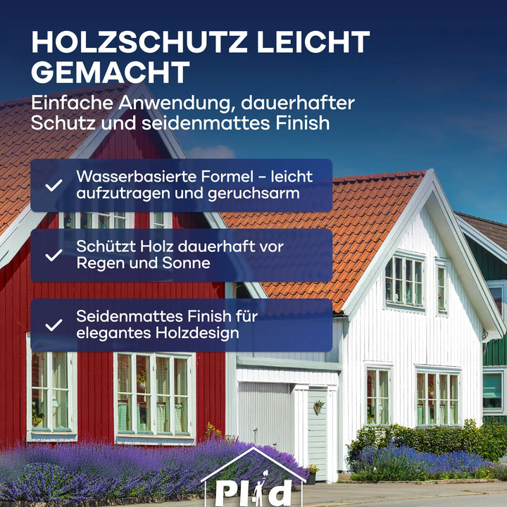 Zwei Häuser mit weißen Fenstern und rot-weißen Holzfassaden stehen unter einem blauen Himmel. Text-Highlights Plid Wetterschutz Holzfarbe von plid: leicht zu verarbeiten, dauerhafter Wetterschutz und ein seidenmattes Finish für innen und außen.