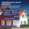 Zwei Häuser im skandinavischen Stil mit roter und weißer Fassade stehen unter blauem Himmel. Text-Highlights Plid Wetterschutz Holzfarbe von plid: leicht zu verarbeitender, wasserbasierter, dauerhafter Wetterschutz für innen und außen mit seidenmatter Oberfläche.