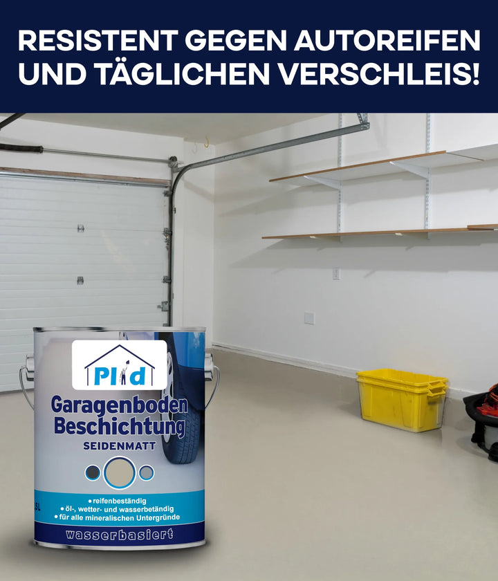 Eine Dose plid Garagenbodenbeschichtung Anstreichset Beton &amp; Estrich wird in einer aufgeräumten Garage mit Regalen und einer gelben Tonne gezeigt. Text oben: RESISTENT GEGEN AUTOREIFEN UND TÄGLICHEN VERSCHLEISS! Ideal als Betonbodenversiegelung.
