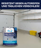 Eine Dose plid Garagenbodenbeschichtung Anstreichset Beton & Estrich steht auf sauberem Boden mit Regalen und gelber Box. Text darüber: Resistent gegen Autoreifen & täglichen Verschleiß - ideal für Betonböden!.