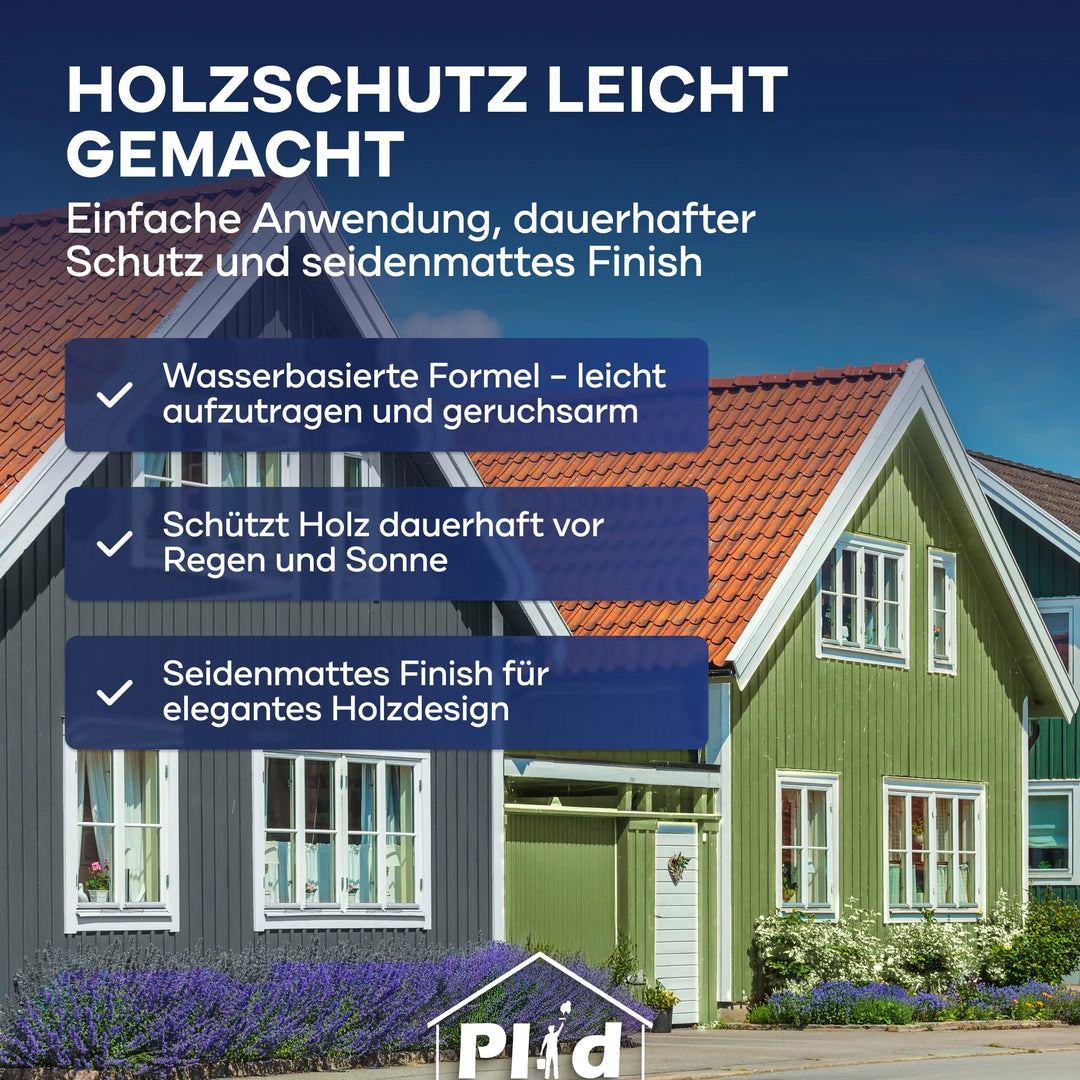 Zwei traditionelle Holzhäuser, ein grünes und ein weißes mit roten Dächern unter einem blauen Himmel. Text-Highlights plid Holzfarbe - Anstreichset: einfache Anwendung, dauerhafter Schutz und seidenmattes Finish.