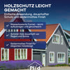 Zwei Häuser mit roten und grauen Holzfassaden und roten Dächern stehen unter einem blauen Himmel. Der Text hebt plid Plid Wetterschutz Holzfarbe - deckend & wetterfest für innen & außen hervor, die Langzeitschutz für Holz und ein seidenmattes Finish bietet.