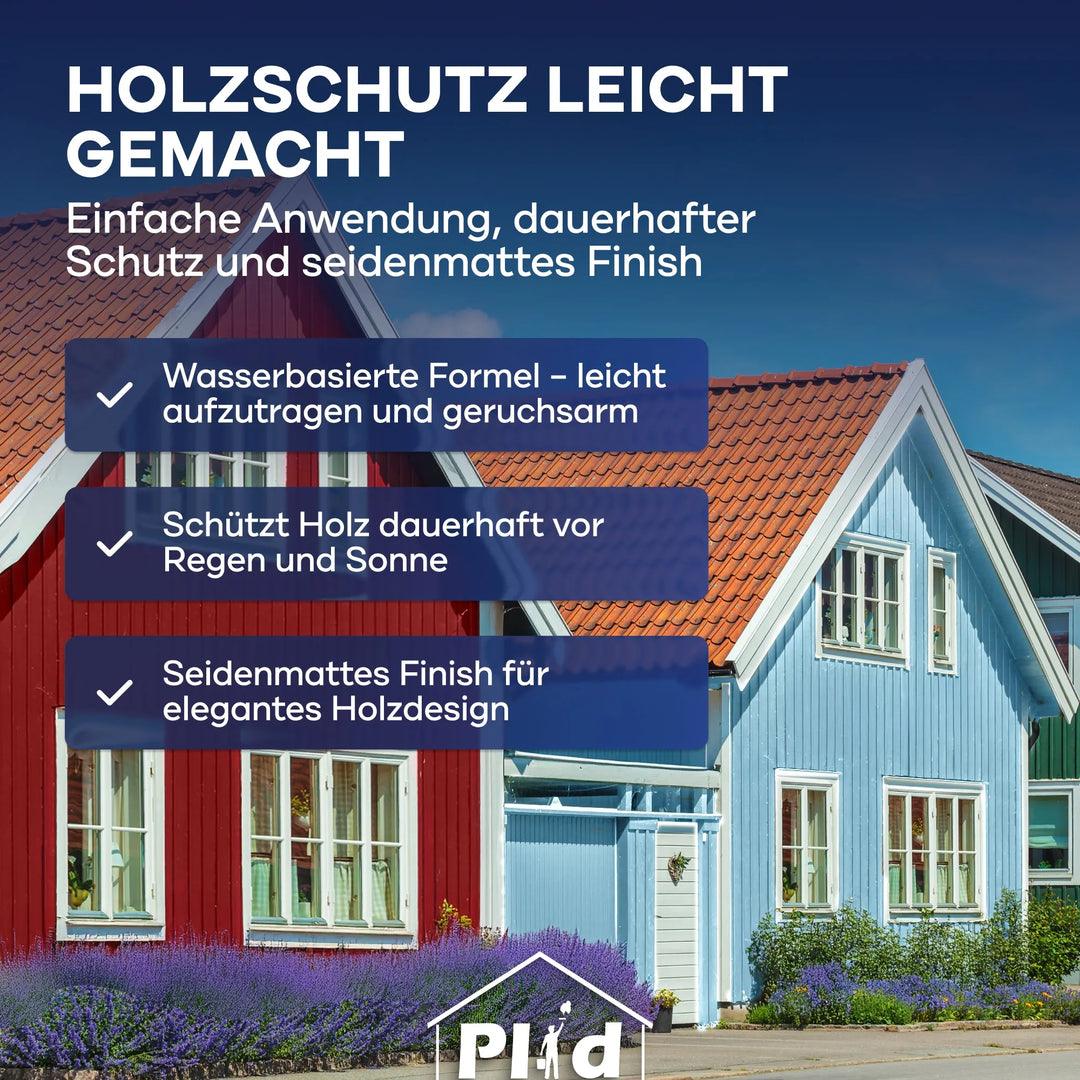 Zwei Holzhäuser, ein rotes und ein blaues, stehen im Sonnenlicht zwischen blühenden Sträuchern. Text-Highlights plid Wetterschutz Holzfarbe-opake &amp; wetterfeste Holzfarbe für den Innen- und Außenbereich, mit seidenmatter Oberfläche und einfacher Verarbeitung auf Wasserbasis.