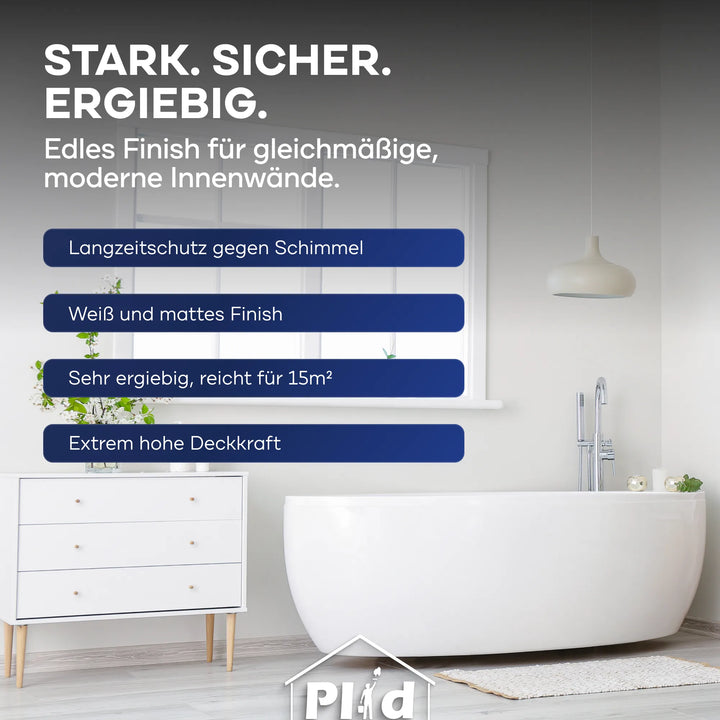 Ein modernes weißes Bad mit freistehender Wanne, kleiner Kommode und Pflanzenelementen plid Anti-Schimmel Renovierfarbe Langzeit-Filmschutz: ideal für Feuchträume, mattweiß, hohe Deckkraft und effizient für 15 m².