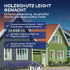Werbung für Plid Wetterschutz Holzfarbe von plid vor zwei skandinavischen Holzhäusern. Text: "HOLZSCHUTZ LEICHT GEMACHT: Einfache Anwendung, langanhaltender Schutz & seidenmattes Finish." Drei Vorteile mit Häkchen.